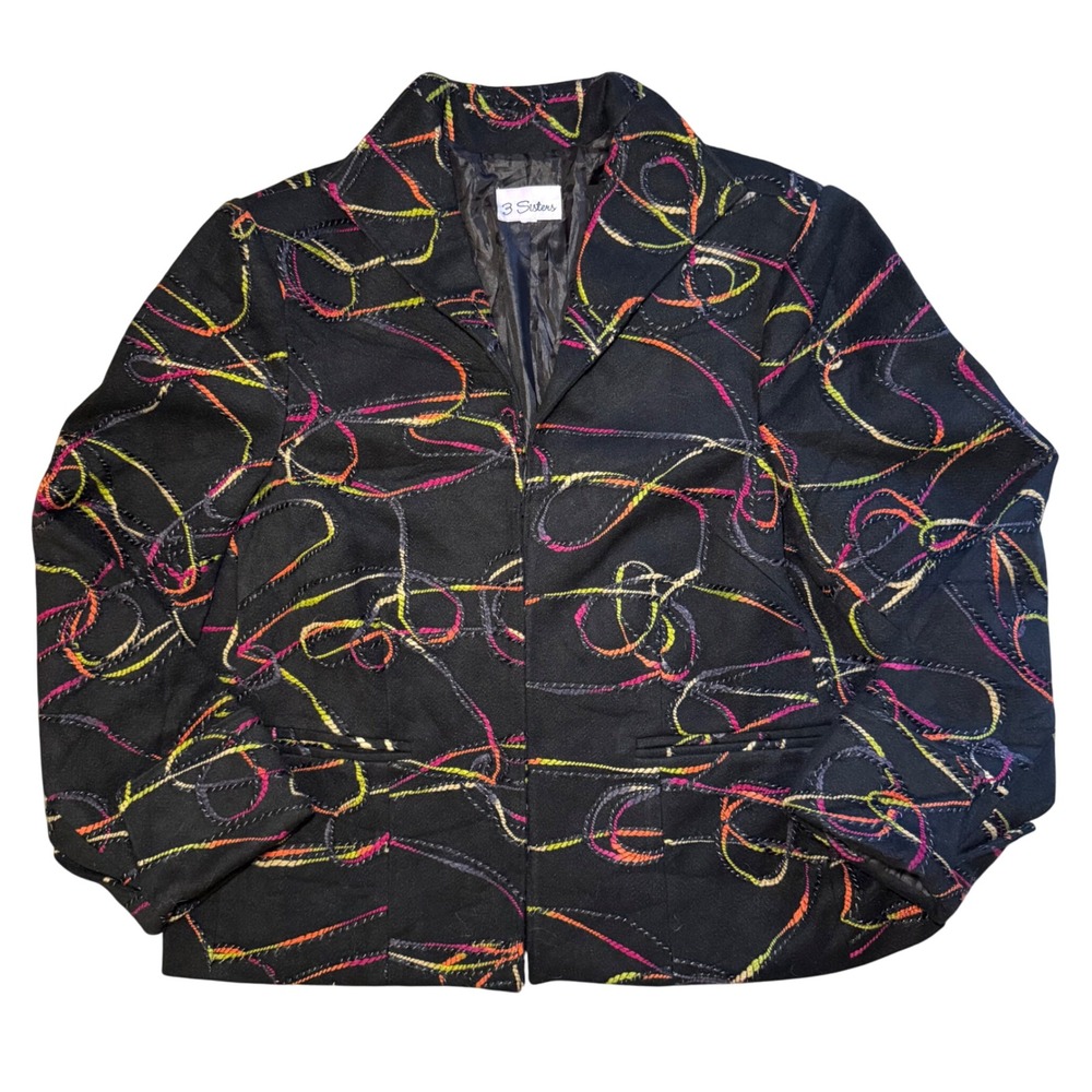 VTG 90s 3‎ Sisters Abstract Open Blazer 3D Stitching Embroidered Womens  L USA